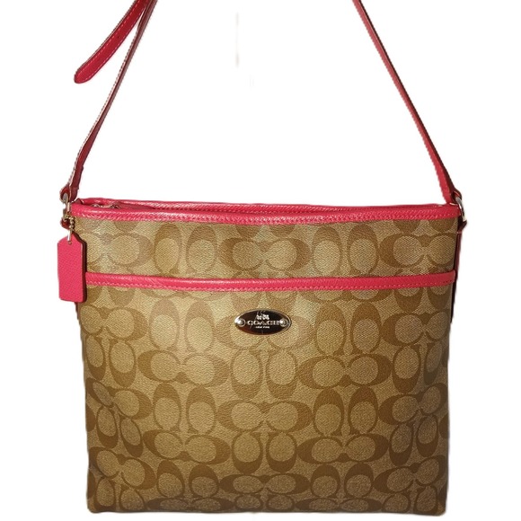 Coach Handbags - Coach Signature Crossbody Bag Pink Trim Coated Canvas‎ Shoulder Purse